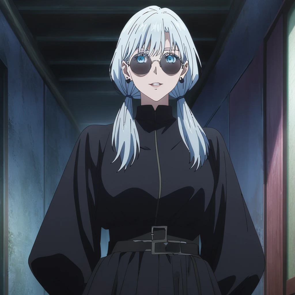 1girl, female gojo satoru, anime screencap from jujutsu kaisen, gojo satoru female version, solo, long_hair, ((Blue eyes, round sunglasses)) ((Silver_hair, low twintail )) , night view, (hanging breasts) upper_body, smile, indoors, parted lips, (long hair) ((wearing black colour outfit, glossy)) breast, "very detailed and high resolution" (Blue eyes, round sunglasses ) ((solo)) (((front view))) (earings) ((high resolution)) ((good quality)) ((silky hair, low twintail )) ((parted lips)) ((full body))