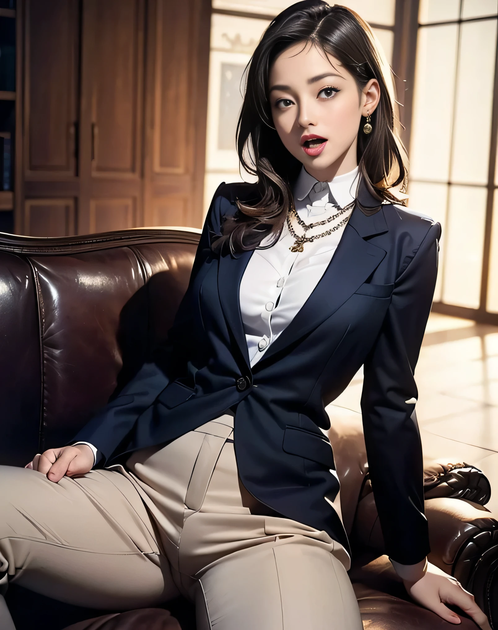 (photorealistic:1.6),(High resolution:1.6),(solo, one woman:1.5),(Sexy Woman),(beady eyes),(large eyes),(Light brown hair),(cool beauty:1.3),chuuChloe,(Personality is lewd),(flaunt muscles),(reception room),(sit in the Common sofa),(Bossy Woman),(Lean back),(Slender body),(Necklace),(Ecstasy face:1.5),(Orgasmic face:1.5),(Preteen),(absent-minded state),(Slutty woman),(formal pants suit:1.3),(Y-shirt:1.3),(Amazing Orgasm:1.5)