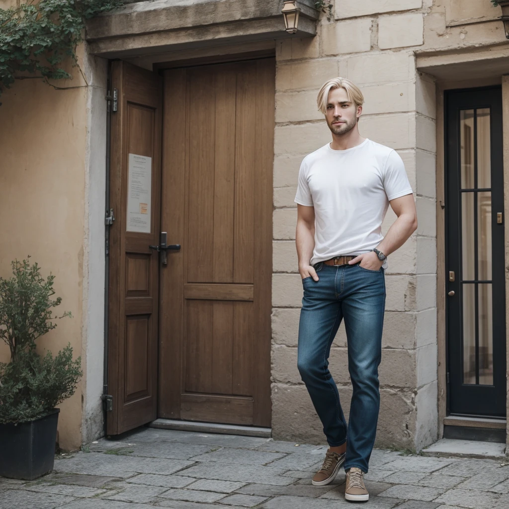 full length photo, wide viewing angle, in the center, no cropping, real 30 year old man with blond hair, European appearance in casual clothes, emphasis on photography on clothing, --ar 5:7 --no portrait