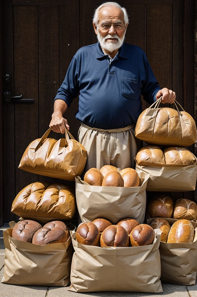 Old man in 2D full body with 3 loaves in a bag