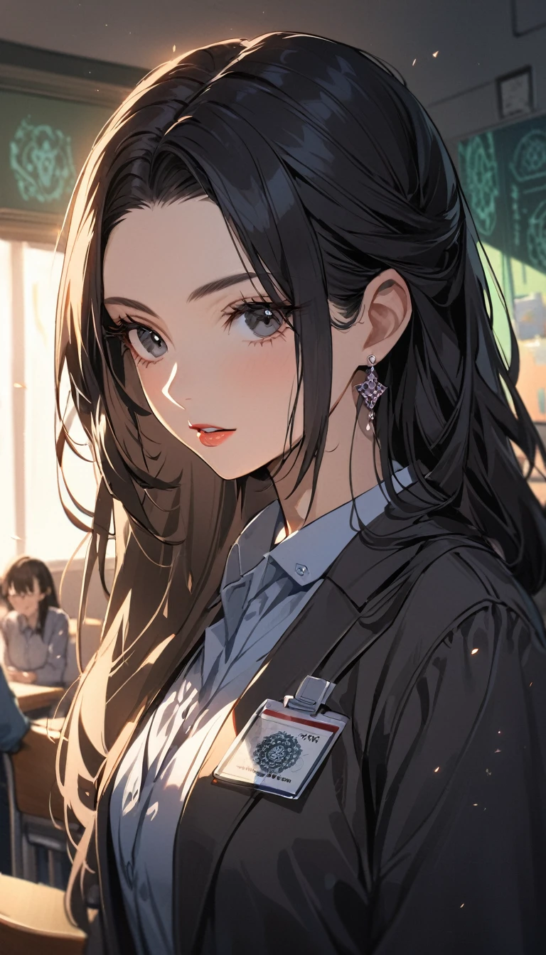 1woman,matured face,curtain hair forehead(long black hair),eyes,black eyes,teacher,teacher outfit, beautiful, colourful classroom background,standing attentive pose, neutral,stoic,wearing an ID card,earrings,juicy full lips,magic circle in the background, portrait , cinematic lighting,