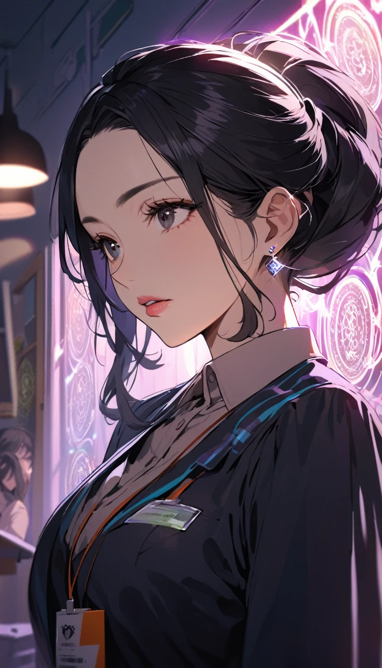 1woman,matured face,curtain hair forehead(long black hair),eyes,black eyes,teacher,teacher outfit, beautiful, colourful classroom background,standing attentive pose, neutral,stoic,wearing an ID card,earrings,juicy full lips,magic circle in the background, portrait , cinematic lighting,