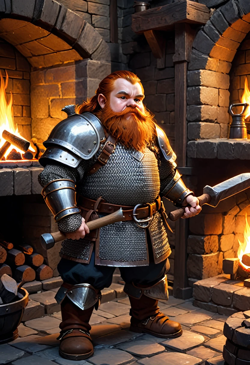 young dwarf with heavy chainmail armor. he is holding a hammer. he is standing in a forge with a fireplace.