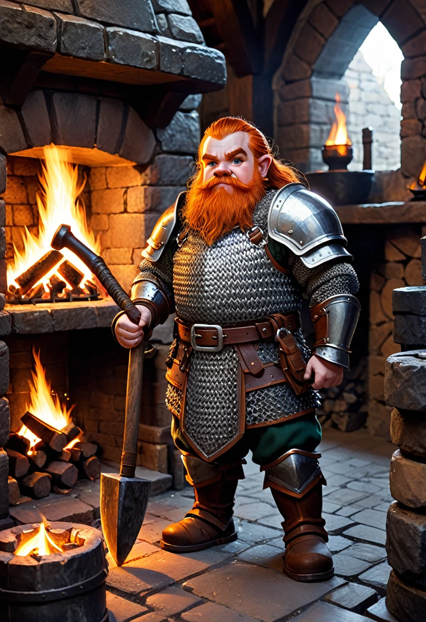 young dwarf with heavy chainmail armor. he is holding a hammer. he is standing in a forge with a fireplace.