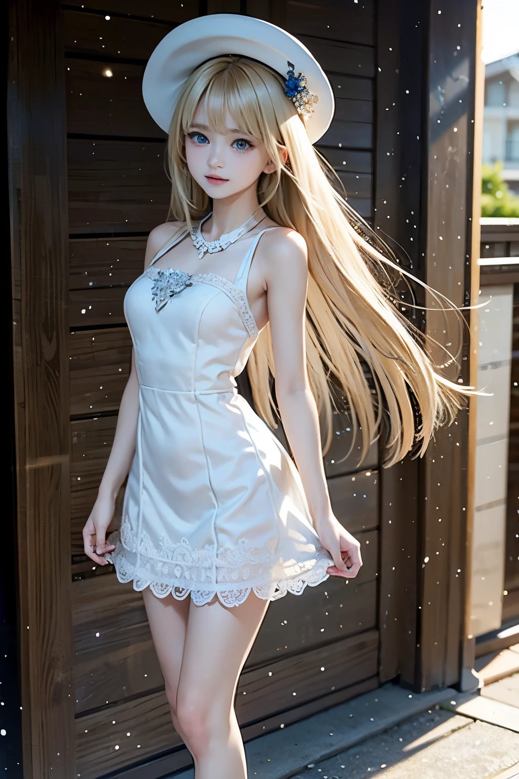masterpiece,Highest quality,Very detailed,beautiful girl, teenager, (full body),Blonde,Beautiful and detailed eyes,blue eyes,Beautiful Skin,skinny,Dynamic,White dress,White Hat,Midsummer Beach