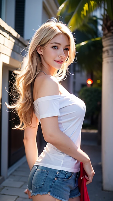 Actual Photos、Reality Photography、blue eyes、blonde,Full body photo,(Look to the side),(Side Shot),Sexy Face、Straight Long Hair_Hair reaching down to the waist、 Complete look、(((masterpiece)))、(Perfect breasts),((Highest quality)),((超Realistic)),Mature Woman,Mature Woman,perspective,Very detailed,The perfect temptation、Best image quality、Fine-grained image quality、beautiful,(Smiling with white teeth),blue eyes,jewelry, blue eyes, Realistic, High resolution, Glowing Skin, (Detailed face),jewelry, blonde,blonde, Wavy Hair,attractive appearance, A perfect smile,(,Red shorts),(Short White Strap T-shirt),(Off-the-shoulder short T-shirt),Palm Tree Path,