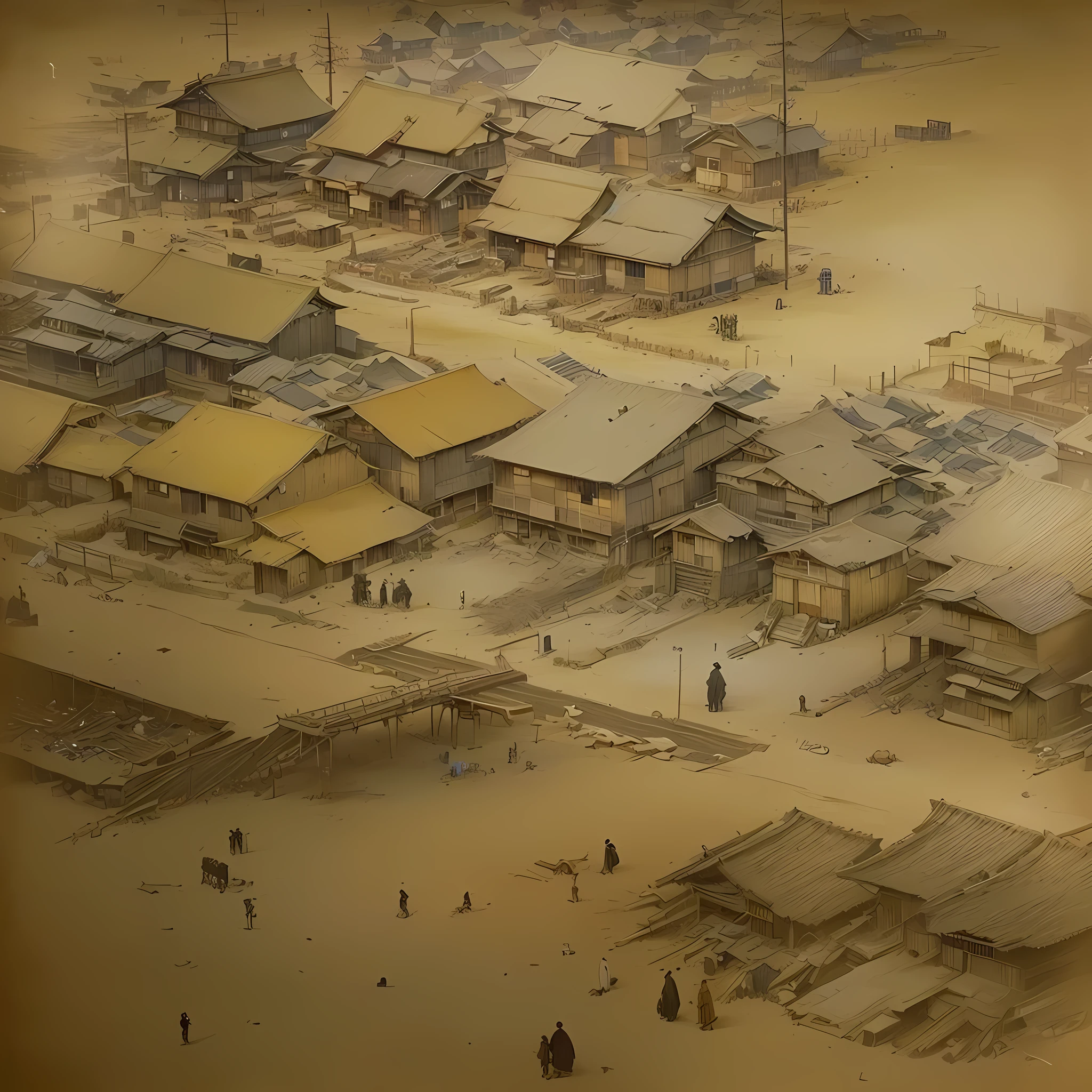 There is a picture of a city with a train running on the tracks., Disco Elysium concept art, Silent Hill concept art, Disco Elysium artwork, Disco Elysium art, Fallout concept art, Disco Elysium, Dusty environment, aerial viewyoji shinkawa, Foggy Ghost Town, Disco Elysium video game, Fallout environment, inspired by Russell Chatham, Concept art Blazing flames, fire, crowd, throng, freezing, mother warming her baby.Scenery and Cityscape in the Early Meiji Era After the Meiji Restoration, Japan underwent rapid modernization and civilization. Consequently, many changes and reforms occurred. Below is a detailed explanation of the scenery, appearance of the poor, occupations, and cityscapes in the early Meiji period (1868 to the early 1880s). 2. Appearance of the Poor Life for the impoverished and lower classes remained harsh. In particular, in urban areas, people migrated from rural areas or unemployed artisans gathered, intensifying competition in the labor market. Many of them struggled with poverty, often residing in slums or around temples. 3. Occupations Meiji early Japan witnessed a diversification of occupations. Traditional agriculture and handicrafts were accompanied by the rise of modern industry and commerce. Particularly in urban areas, factory workers, shop clerks, and transporters increased, giving rise to new professions. However, many in these occupations endured harsh working conditions. 4. Influence of Civilization and Enlightenment During the Meiji era, Western cultural influences spread rapidly. Changes in clothing, dietary habits, and the proliferation of Western-style architecture advanced, especially in urban areas. Conversely, this development posed a threat to traditional culture and lifestyles, resulting in societal upheaval and adaptation challenges. 5. Social Change and Policy Influence While promoting modernization policies, the government also addressed poverty and social issues. Legislation for labor protection and charitable activities to aid the poor were implemented. Nevertheless, living conditions for the impoverished scarcely improved. The early Meiji period marked a ra