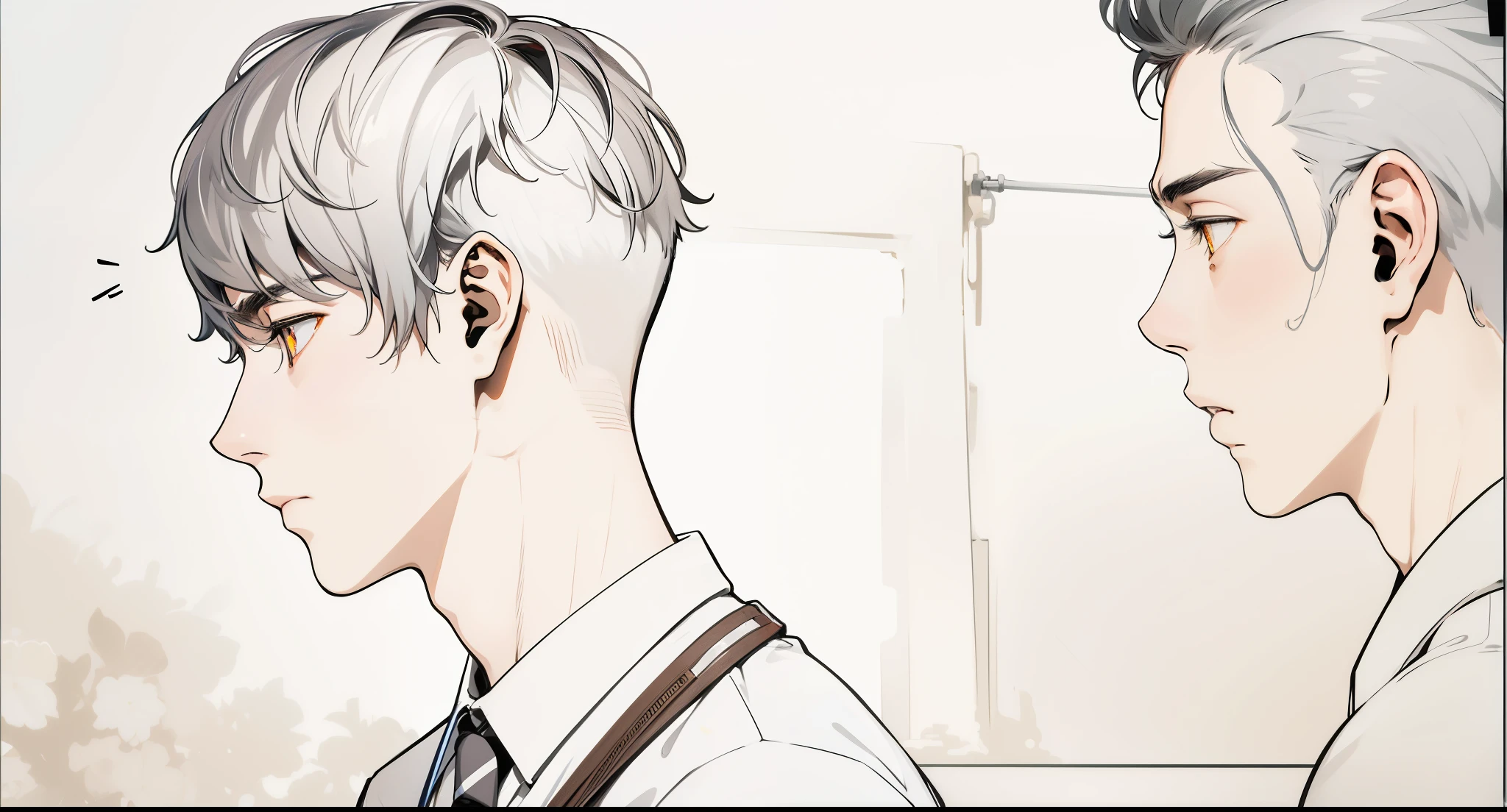 He is speaking sadly, two young 18-year-old men walk sad, worried, thoughtful through the high school, gray hair, orange eyes.