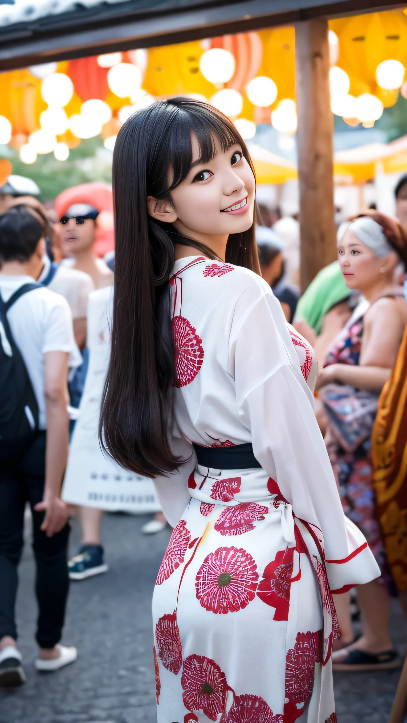 Create an ultra-realistic image of a 21-year-old Japanese woman named Kotone attending the Akita Kanto Festival. She has extremely long, perfectly straight black hair that flows down to her waist, with blunt bangs that cover her forehead. Her eyes are large, enchanting, and have double eyelids, giving them a captivating and youthful appearance. Her face is delicate and innocent, with very thin eyebrows that frame her large, childlike eyes. Kotone's skin is smooth and flawless, resembling snow in its pure white color. She has a slender and well-proportioned body with a bust size of 95 cm, a cinched waist, slim thighs, and firm buttocks. Her complexion is flawless, without any wrinkles, and her natural makeup enhances her features subtly, maintaining a fresh and youthful look.

Kotone is wearing a festive yukata, blending in with the vibrant atmosphere of the festival. She is standing among the large kanto poles decorated with lanterns, looking up at the impressive display with a joyful and excited expression. The background is filled with festival-goers, lanterns, and the lively ambiance of the event. The lighting is dynamic, capturing the festive lights and her radiant appearance.
