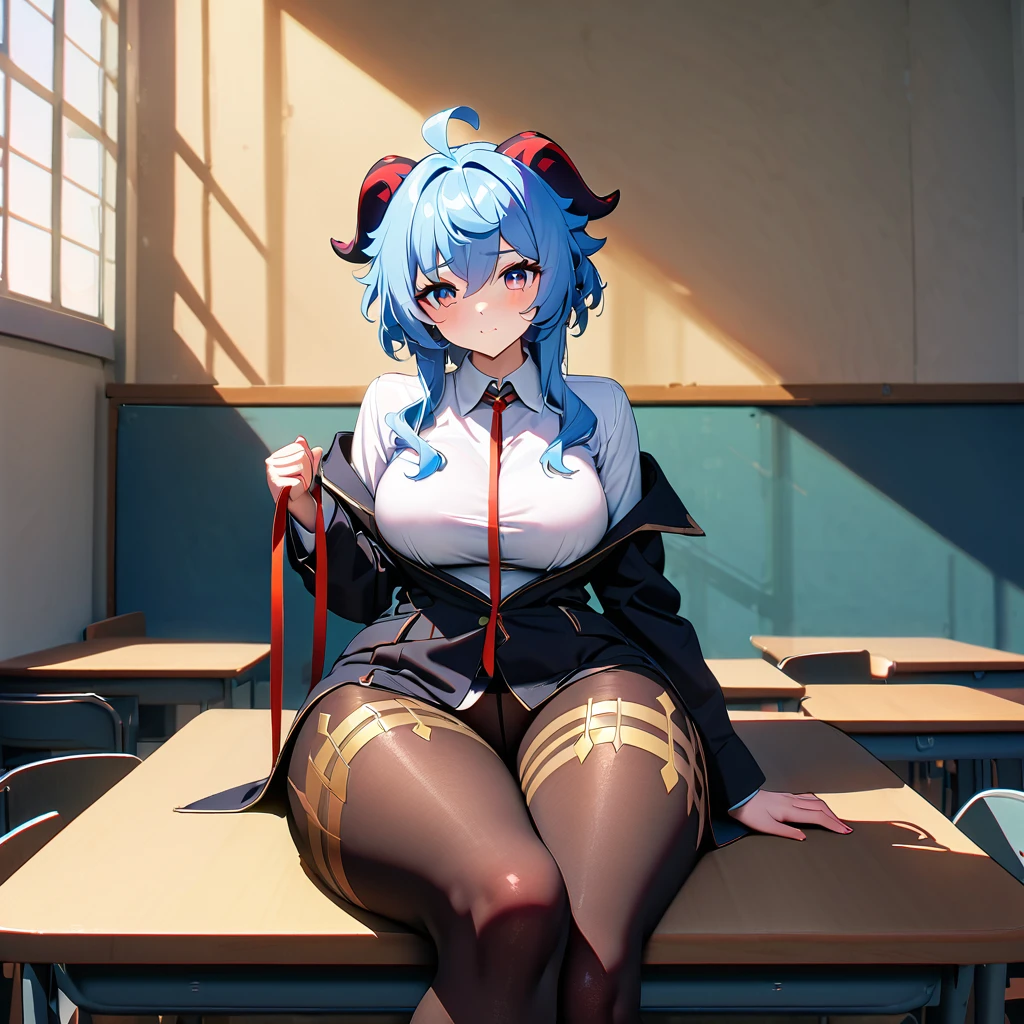 absurd, 8k, high resolution, ultra detailed, vivid colors, wallpaper, perfect lighting, beautiful skin, perfect shadows, beautiful eyes, detailed eyes, detailed face, beautiful face, masterpiece, best quality, detailed clothing, full body , you can see the girl's entire body, ganyu genshin impact, tall woman, face with a serious and rape and troll expression, she is in a classroom , medium breasts, oppai, huge thighs, white shiny heels,black pantyhose,white shirt,black jacket,sitting on desk, golden lines on pantyhose,leash in hand,holding leash,offer her leg to viewer,front view,crosses legs