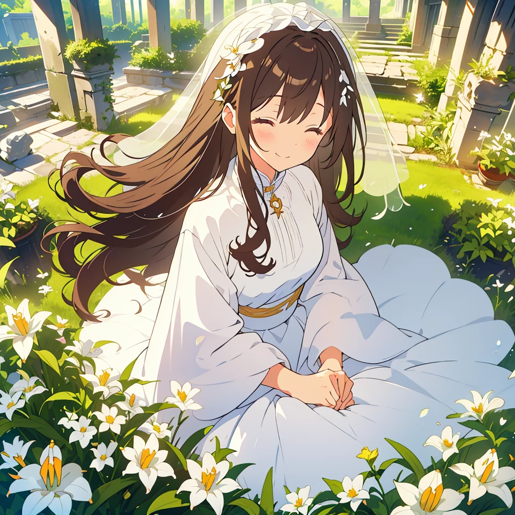 kawaii, anime, Cute, hyper quality, highly detailed, 8k, Clarity, dark brown long hair, white longhorn lily, close both eyes, Longhorn lily garden, Close your eyes and whisper, music, flower garden, ruins, melody of light, light staff notation, pure white wedding dress, light shines in, white lily flower, Place your fingers on the keyboard of light, dignity, white veil, Wedding dress, collapsed ruins, rough vegetation, white lily, whole body, Uplifting, bird's eye view, special perspective, smiling, clear smile, close up of face, Draw facial expressions in detail, closed eyes, dignified stance,