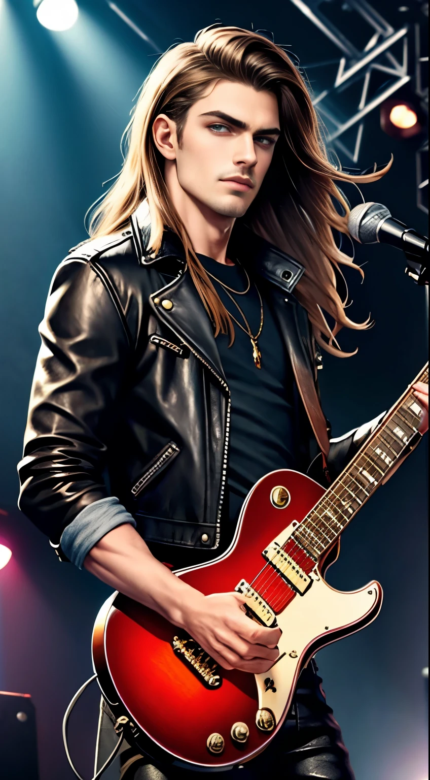 (Concept Art), masterpiece, Highest quality, Realistic, 8K RAW Photos, Very fine iris、American、young、Handsome、Kurt Cobain、美male、19 years old、Wide, large eyes、Demonic Eyes、Brown long hair、male、Slim and muscular、Leather jacket、Black leather pants、Playing electric guitar。Backed by a rock band、large stage