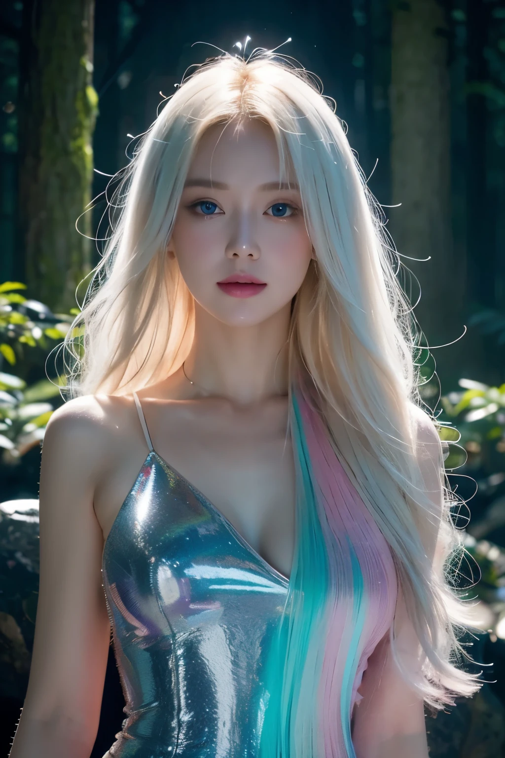 enlargement, masterpiece, The figure of a stunningly beautiful woman with ultra-realistic platinum blonde hair stood in the middle of a forest., She has a charming smile that radiates an otherworldly aura, Her hair is like a holographic rainbow waterfall of iridescent colors that defy the laws of nature.., Intertwined with neon-colored rays of light, it creates a fascinating sight... The background is a combination of abstract art and dark and light fantasy.., Covered in layers of crystals and neon lights, create mysterious beauty, vivid, best quality.