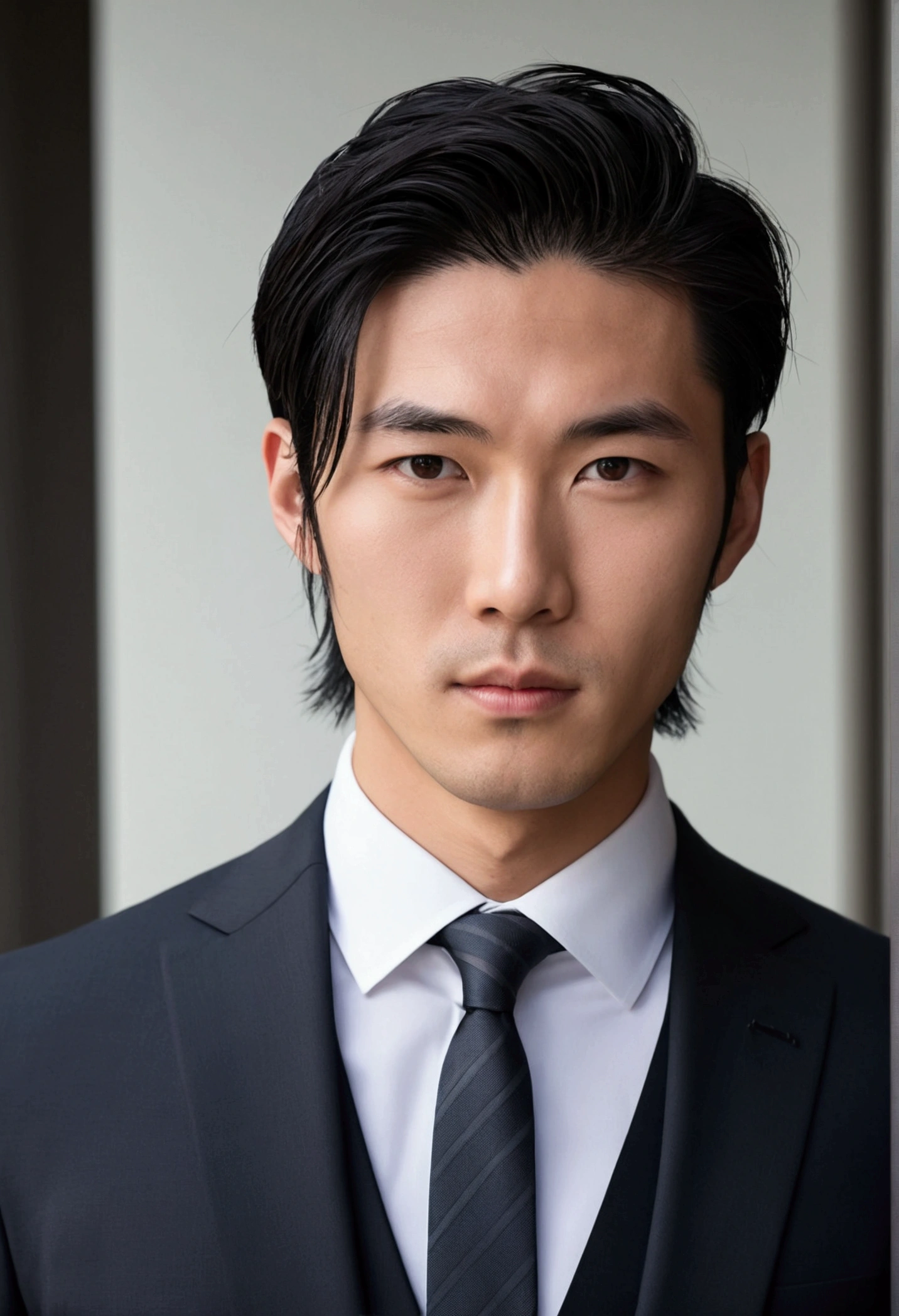 Attractive 26-year-old Japan, black hair, Man in Hugo Boss Business Suit , Executive Sexy Man, Terno Seo, Front camera focus, Mode Portrait, Completely straight in front of the camera