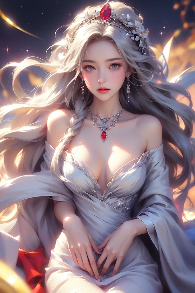 (masterpiece:1.5, Highest quality, Very detailed、 Dutch Angle、Semi-realistic、Fantasy)(One Girl, alone)(White and beautiful hair:1.6,,Straight Long Hair)(White based dress、Fantasyの衣装)、((Off the shoulder、Mid-chest、ruby ​​necklace))(Beautiful cleavage、Legs wrapped in tights)(Beautiful starry sky、Mystical Night、Particles of light float around the woman、Fantasy space) Waiting to start
