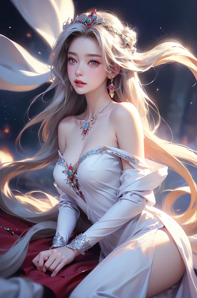 (masterpiece:1.5, Highest quality, Very detailed、 Dutch Angle、Semi-realistic、Fantasy)(One Girl, alone)(White and beautiful hair:1.6,,Straight Long Hair)(White based dress、Fantasyの衣装)、((Off the shoulder、Mid-chest、ruby ​​necklace))(Beautiful cleavage、Legs wrapped in tights)(Beautiful starry sky、Mystical Night、Particles of light float around the woman、Fantasy space) Waiting to start
