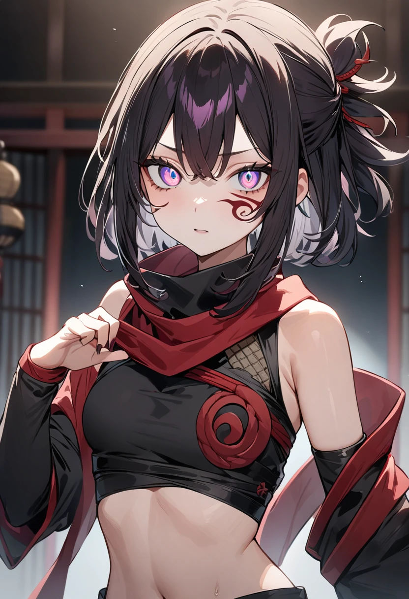 (masterpiece, top quality, very aesthetic, 4k、illustration), intricate detail, 1girl,Standing 、(upper body)、clear face、Sharingan、,
Cute 、Random Hair Color、,middle hair,sidelock ,Random Color eyes、ninja clothes、small breasts、Slim 、