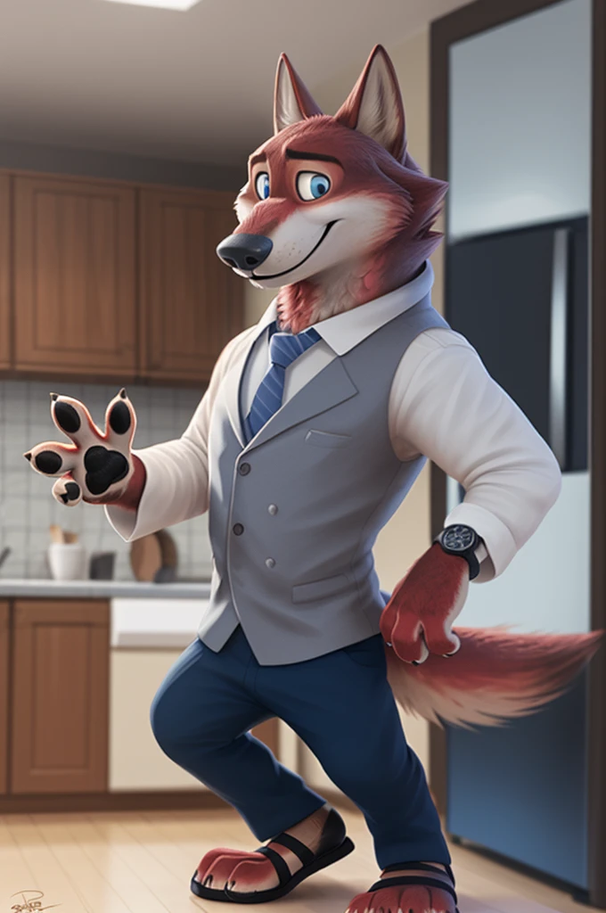 Joachim Wolfbach (Zootopia),tall handsome, wolf,young, 24 years, brown fur, of goals,(red body:1.3),beautiful blue eyes, Moscow Dressed, shirt,blazer, tie,trousers, sandals,canine, wolf, detailed fur, Male, antro, paw pads, finger claws, waving, waving at viewer, 5 fingers, paws, 5 fingers, smile, happy, resting, wrist watch, т nextel, at home goes to the kitchen, by xenoforge, (difficult, high detail, film photography, soft focus, RAW,
photorealism, realistic, photorealistic, digital style, Subsurface scattering masterpiece, Best quality, ultra realistic, 8 K)