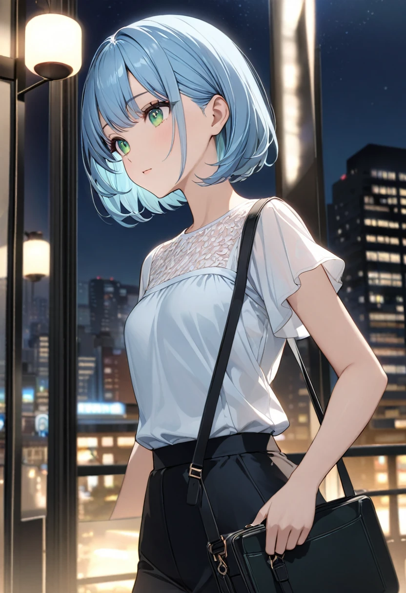 Highest quality、Light blue hair、Short Bob、Deep green eyes、Small breasts、White short-sleeved blouse、Black slacks、Black pumps、Work Bag 、Upper Body、night