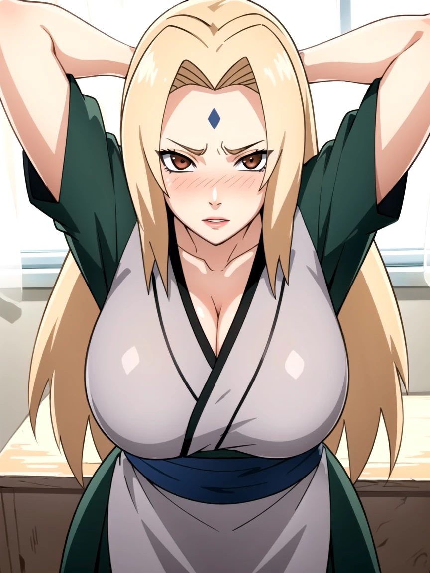 portrait, solo focus, solo, close-up, looking at viewer, (parted lips:1.2), (sunlight, bright, sunshine:1.2),((tsunade)), 1 girl,1 boy ,((tsunade milf physique)),(mark on forehead ), long hair, blonde hair, eyes,hairclip, eyes, smile, from front,(posing her body in office),huge breast huge pelvis thick thighs,((clear details High definition body parts perfect body parts )),(((blush lush blush nose blush blush face ))),(sad expression),((1 girl)),(solo), (white apron), ((front view)),((long distance between viewer)),((standing))