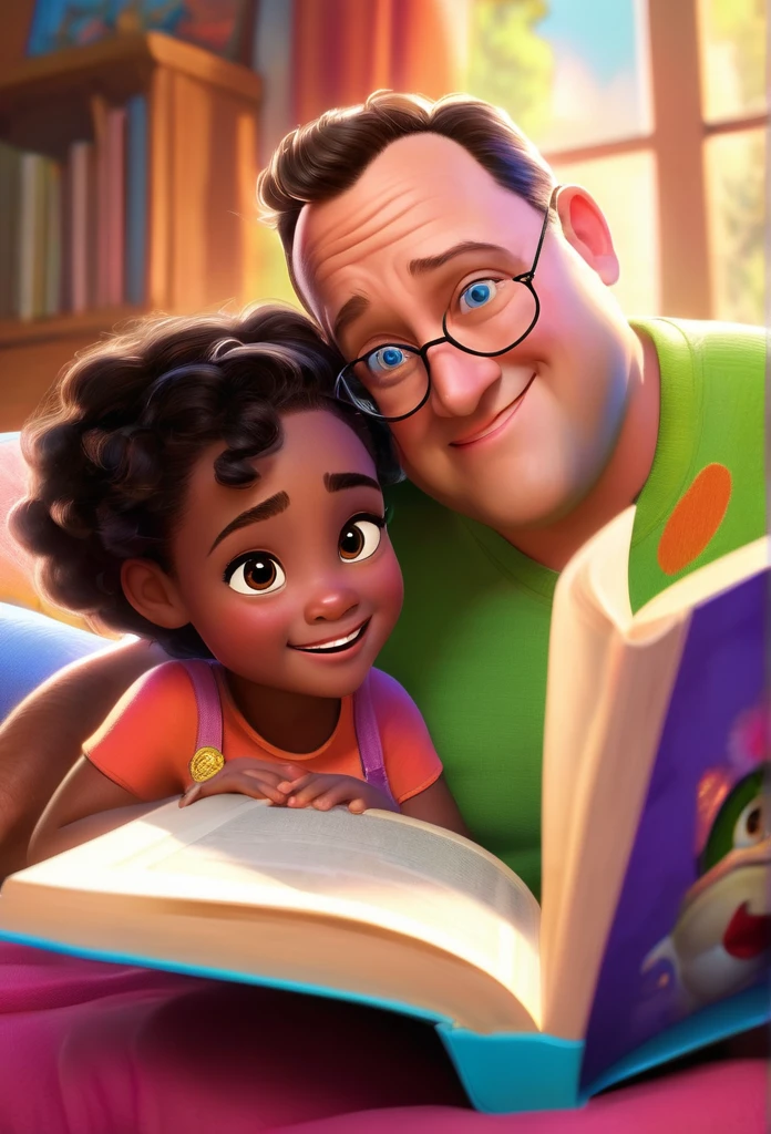 bright and vibrant colors), (high resolution), (realisitic: 1,37), Disney Pixar Movie Poster, (arte de Kevin James), stark , with muscles, (27 year old man with black skin and his little black daughter with short hair ), father and daughter, (beautiful details eyes:1.1), (beautiful detailed lips:1.1), smiling with a warm expression, (charming appearance:1.1), (professional lighting), (ultra-thin rendering), upper body photo, (expressive facial features:1.1), reading a book to her son, (reading carefully:1.1), surrounded by magical elements representing different Pixar films, (dynamic composition), (whimsical details), (playful characters), vibrant background, full of color and joy, (3D rendering ), (fantastic art style), (nostalgic aesthetic), (attention to the details:1.1).