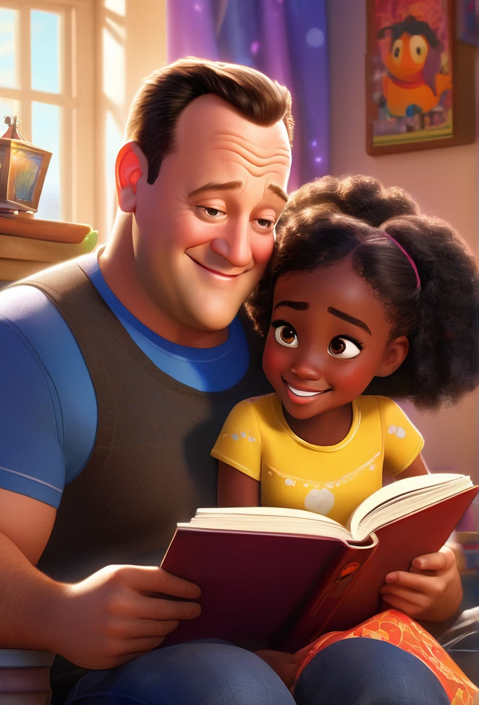 bright and vibrant colors), (high resolution), (realisitic: 1,37), Disney Pixar Movie Poster, (arte de Kevin James), stark , with muscles, (27 year old man with black skin and his little black daughter with short hair ), father and daughter, (beautiful details eyes:1.1), (beautiful detailed lips:1.1), smiling with a warm expression, (charming appearance:1.1), (professional lighting), (ultra-thin rendering), upper body photo, (expressive facial features:1.1), reading a book to her son, (reading carefully:1.1), surrounded by magical elements representing different Pixar films, (dynamic composition), (whimsical details), (playful characters), vibrant background, full of color and joy, (3D rendering ), (fantastic art style), (nostalgic aesthetic), (attention to the details:1.1).