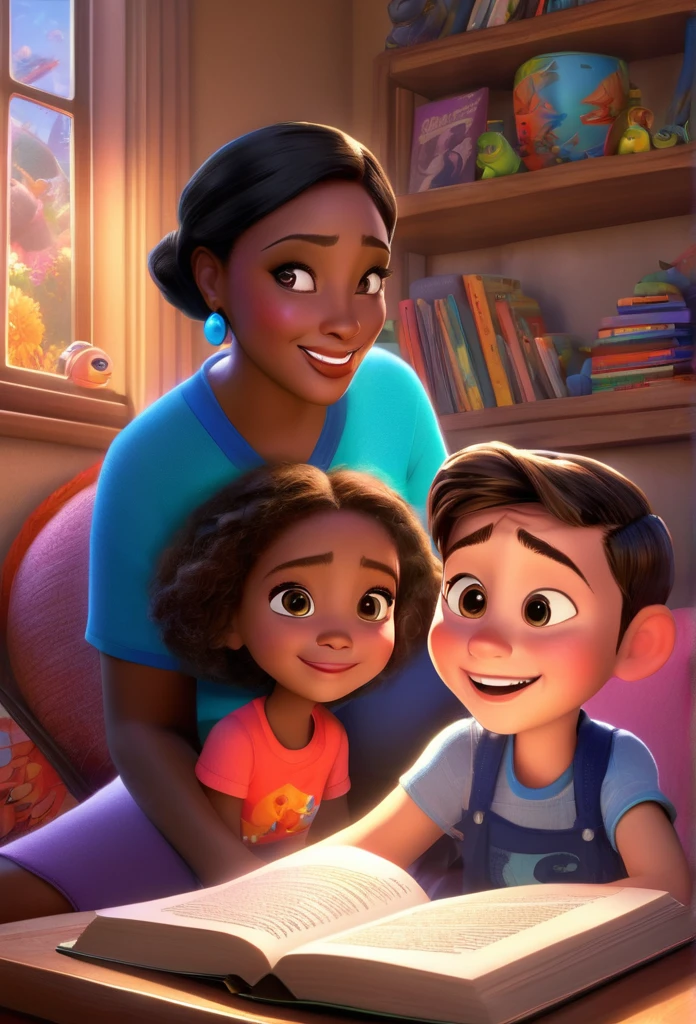 bright and vibrant colors), (high resolution), (realisitic: 1,37), Disney Pixar Movie Poster, (arte de Kevin James), stark , with muscles, (27 year old man with black skin and his little black daughter with short hair ), father and daughter, (beautiful details eyes:1.1), (beautiful detailed lips:1.1), smiling with a warm expression, (charming appearance:1.1), (professional lighting), (ultra-thin rendering), upper body photo, (expressive facial features:1.1), reading a book to her son, (reading carefully:1.1), surrounded by magical elements representing different Pixar films, (dynamic composition), (whimsical details), (playful characters), vibrant background, full of color and joy, (3D rendering ), (fantastic art style), (nostalgic aesthetic), (attention to the details:1.1).