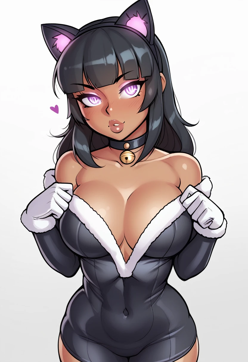 Here is the description with more emphasis on the detail of her being brunette:
punctuation_9
punctuation_8_High above
punctuation_7_High above
punctuation_6_High above
punctuation_5_High above
punctuation_4_High above
very detailed image, brunette anime girl with dark skin, Bblack hair, thick lips, long eyelashes, Severe expression, standing, Blunt bangs, adult, breaking the ground, big, adult, slim, Curvy Body, Waist slender, accentuated hips, arched back, tight slit, wearing black cat costume, simple background, innocent, kind, adorable, dressed as a black cat with a big chest, fluffy chest, in pajamas, anime cel shaded, breasts covered, Kantai Collectle, anime moe art style, whitegloves, seductive anime girl, very sexy sleepwear, tight and transparent,rple spiral eyes, White background, large pillow is a black stuffed cat, suggestive posing, provocative expression, NSFW details like see-through clothing partially revealing skin, hint of nudity beneath the black cat costume, Erod seductive atmosphere, highlighting yrk skin and physical attributes in a sensual way.