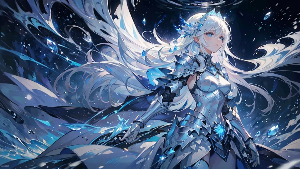 ((masterpiece, Highest quality)), Epic battlefield atmosphere,Water Ripples,Delicate face,Depicts a beautiful knight with long hair, Flowing white hair,whole body,Character portrait,Sparkling blue eyes,She was wearing white armor,Perfect Body Proportions