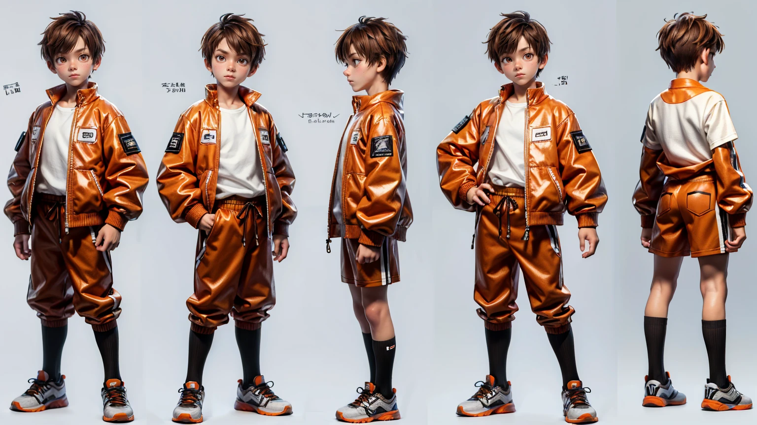 short height cute face boy, cute face, short height boy, wearing orange full body pent and shirt, sports shoes, full standing pose, straight brown hairs, Character Sheet, 10 yo student, Full body, Simple white background, front pose character reference sheet, Concept art, design sheet