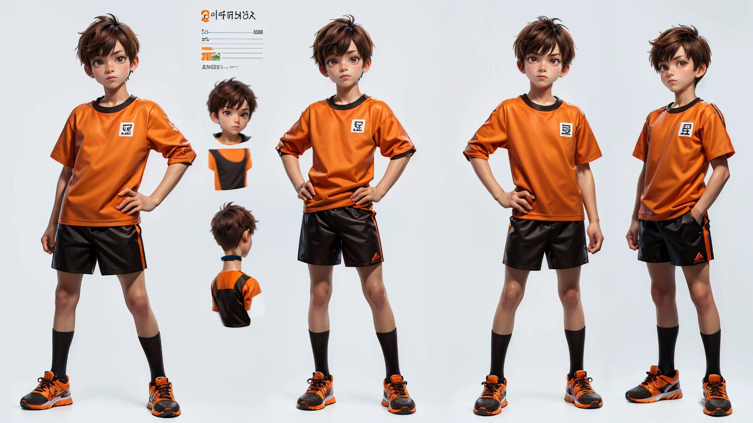 short height cute face boy, cute face, short height boy, wearing orange full body pent and shirt, sports shoes, full standing pose, straight brown hairs, Character Sheet, 10 yo student, Full body, Simple white background, front pose character reference sheet, Concept art, design sheet