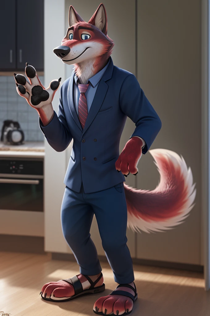 Joachim Wolfbach (Zootopia),tall handsome, wolf,young, 24 years, brown fur,  of goals,(red body:1.3),beautiful blue eyes, Moscow Dressed, shirt,blazer, tie,trousers, sandals,canine, wolf, detailed fur, Male, antro, paw pads, finger claws, waving, waving at viewer, 5 fingers, paws, 5 fingers, smile, happy, resting, wrist watch, т nextel, at home goes to the kitchen, by xenoforge, (difficult, high detail, film photography, soft focus, RAW, 
photorealism, realistic, photorealistic, digital style, Subsurface scattering masterpiece, Best quality, ultra realistic, 8 K)