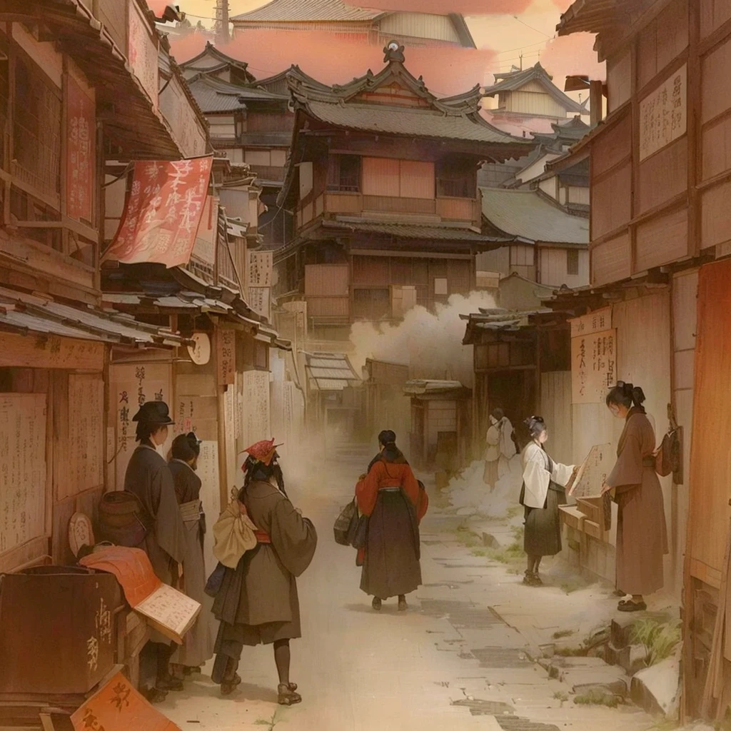 Blazing flames, fire, crowd, throng, freezing, mother warming her baby.Scenery and Cityscape in the Early Meiji Era After the Meiji Restoration, Japan underwent rapid modernization and civilization. Consequently, many changes and reforms occurred. Below is a detailed explanation of the scenery, appearance of the poor, occupations, and cityscapes in the early Meiji period (1868 to the early 1880s). 2. Appearance of the Poor Life for the impoverished and lower classes remained harsh. In particular, in urban areas, people migrated from rural areas or unemployed artisans gathered, intensifying competition in the labor market. Many of them struggled with poverty, often residing in slums or around temples. 3. Occupations Meiji early Japan witnessed a diversification of occupations. Traditional agriculture and handicrafts were accompanied by the rise of modern industry and commerce. Particularly in urban areas, factory workers, shop clerks, and transporters increased, giving rise to new professions. However, many in these occupations endured harsh working conditions. 4. Influence of Civilization and Enlightenment During the Meiji era, Western cultural influences spread rapidly. Changes in clothing, dietary habits, and the proliferation of Western-style architecture advanced, especially in urban areas. Conversely, this development posed a threat to traditional culture and lifestyles, resulting in societal upheaval and adaptation challenges. 5. Social Change and Policy Influence While promoting modernization policies, the government also addressed poverty and social issues. Legislation for labor protection and charitable activities to aid the poor were implemented. Nevertheless, living conditions for the impoverished scarcely improved. The early Meiji period marked a rapid transformation in Japan, with complex social landscapes involving challenges face.