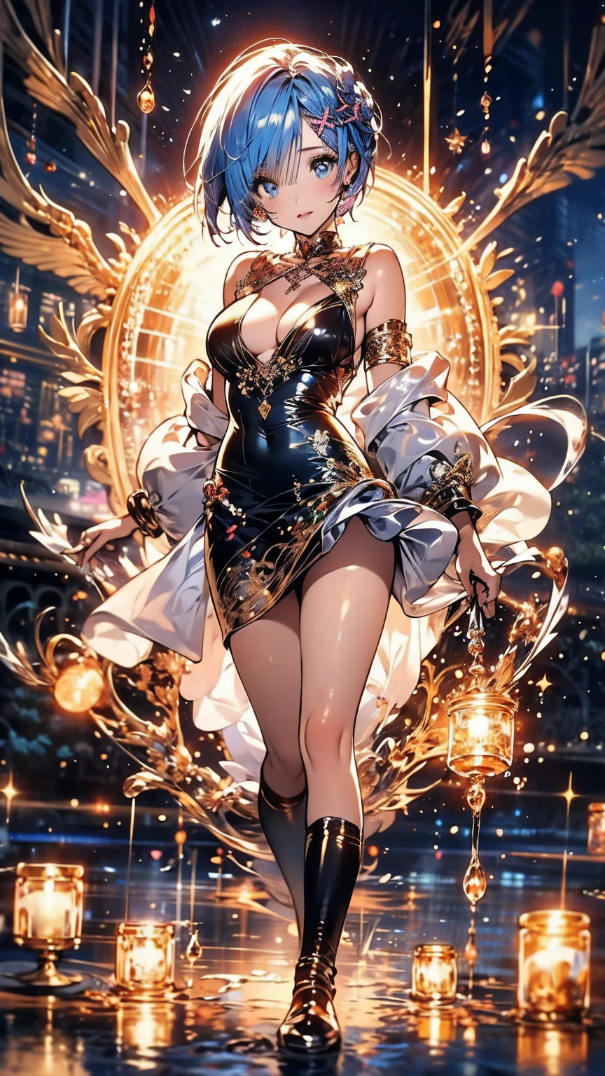 (Highest quality),(masterpiece), 8k,Very detailed, Detailed light, Best Shadow,Detailed reflective eyes, Beautiful Eyes, Very detailedな顔,Shiny Hair,sexy,Big Breasts,Charm,One person,Gloss,Rem,Re:Zero,Blue Hair,blue eyes,full moon,Fantasy,Charm, Blushing,Expressionless,tearsを流す,tears,looking at the camera,front,garter belt,tights,Maid服,Maid,