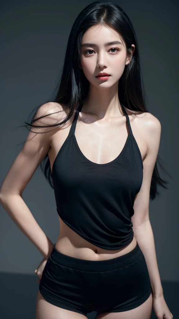 Quiet,Light makeup,Sexy,Peerless Beauty,Intellectual,clavicle,Neat long hair,Black Hair,Delicate face,Exquisite facial features,Natural expression,Natural eyes,sexy blue sports shorts