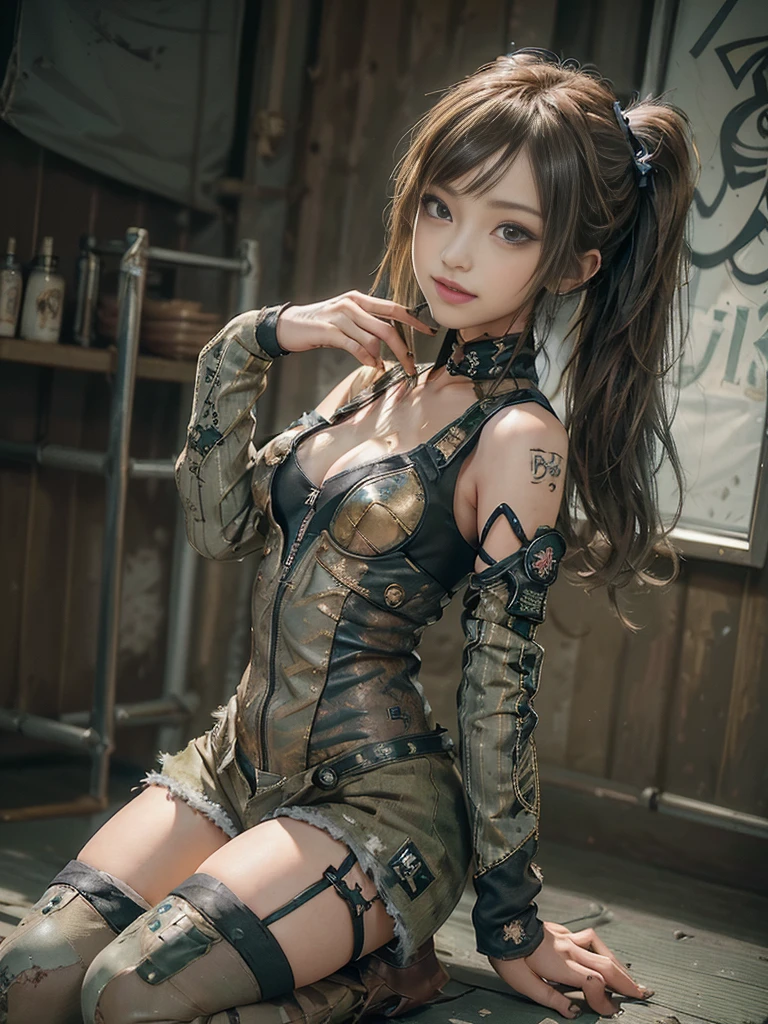 (Full Body View:1.2)、(Side view:1.1)、(Please smile with your teeth showing:1.3),(Shibuya Gal:1.5)、(Gothic ta style fashion:1.5)、(Tattered khaki and gray futuristic micro high leg bodysuit:1.5)、(Tattered Khaki and Moss Green Micro Fancy Sleeves:1.5)、(Tattered khaki micro shorts:1.5)、(Brown and khaki knee socks:1.3)、(camouflage:1.3)、(Military jacket:1.4)、Brown boots、Khaki gloves、internal、(The underwear is striped:1.4)、23 years old、(do a gravure pose:1.3)、((Highest quality、8k、masterpiece:1.3))、One girl、The beauty of slim abs:1.3、(Hairstyle Casual、Big Tits:1.1)、dress:1.1、Super small face、Narrow eyes、double eyelid、Laughter、Esbian all over body、Dynamic Angle、Close-up、CPL Filter、Blurred Background、Bokeh、Blue Hour、Detailed face and skin texture、Detailed Eyes,(Twin tails:1.3)、(Brown-golden hair:1.4)、Gravure idol pose、(The background is a person riding a motorcycle:1.3)、(The body is slim:1.2),(Slim legs:1.4),(clavicle:1.1)