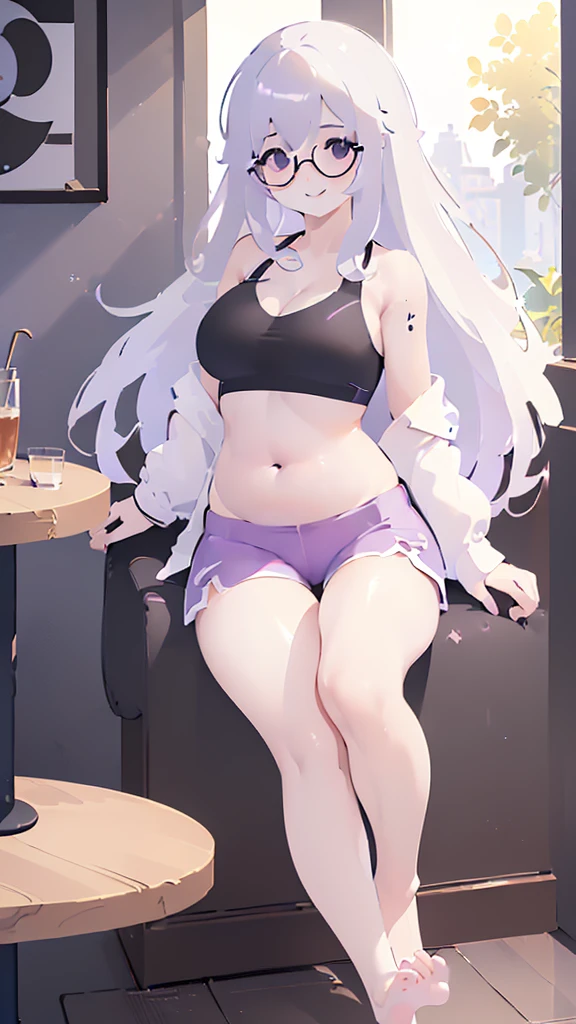 (Cafe Background:1.5), chair, (sedentary:1.5), window, (morning, sunlight:1.5), (Beautiful shades:1.5), (Holding the belly with both hands:1.5), (dynamic angle:1.5), [ 4k digital art ]!!,(big bust, prominent cleavage:1.5), (Black eyes with a slight purple tint:1.5), (a devastated expression, dead eyes, dark atmosphere:1.5), (white hair, long hair, weak perm:1.5), (sports bra, extra long sports jacket, hot pants, :1.5), (bare foot, round-rimmed glasses:1.5), (Aegyo belly fat:1.5), (smiling faintly:1.5),(thin legs, thin:1.5)