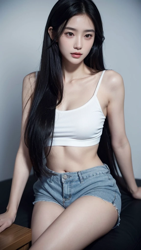 Quiet，Light makeup，Sexy，Peerless Beauty，Intellectual，clavicle，Neat long hair，Black Hair，Delicate face，Exquisite facial features，Natural expression，Natural eyes，sexy blue sports shorts