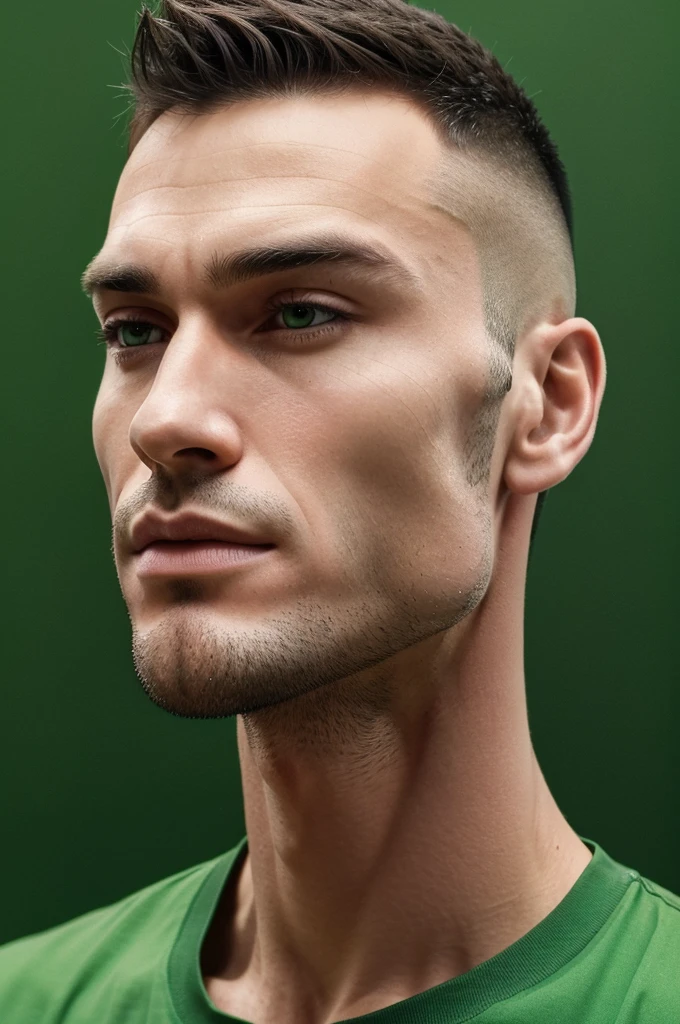 a close up of a man with a green background and a green line, slightly defined jawline, inspiring, profile pic, sharp jawline, defined jawline, inspired by Richard Carline, scobillyflup, well defined jawline, strong jawline, album is called tripmachine, masculine jawline!, inspired by John Souch, dren from splice