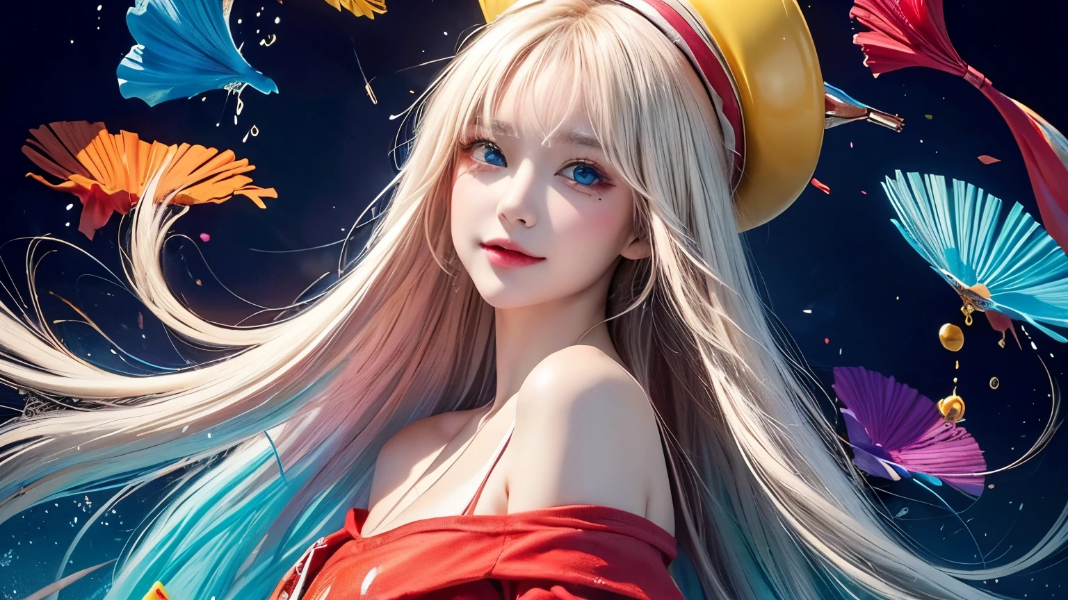 （rich and colorful Fashion T-Shirts：1.9），（blond：1.8），（All the colors of the rainbow：1.8），（（（（（vertical：1.6））），（：1.6），front，comics，illustration，，big eyes，Crystal clear，（Golden slopeLong hair，extra Long hair：1.7），rich and colorful hats，Exquisite makeup，Large Breasts，Smiling face，（Small fresh：1.5），（Pipe top：1.6），Long eyelashes，rich and colorful off-shoulder T-shirt，Looking at the audience，Big watery eyes，（blond hair：1.6），Color Splash，（Solitary：1.8），Color Splash，Color Explosion，Heavy paintwind style，Messy lines，（（shining）） ，（rich and colorful），（rich and colorful），（rich and colorful），rich and colorful，Heavy paintwind style，（splash）（Color Splash），vertical，Upper Body，paintsplash，acrylic paint，slope，paint，Highest image quality，best quality，masterpiece，Solitary，Depth of Field，Face painting，Colorful clothes，（grace：1.2），Gorgeous，Long hair，wind，（grace：1.3），（petal：1.4），（（（masterpiece））），（（（））），（（Ultra Detailed）），（illustration），（Dynamic Angle） ,((float)),(paint),((Messy hair)),(Solitary),(1 Girl),(((Detailed anima face))),(((Beautiful and delicate face)),tie,Bare shoulders,bionde,((bionde)),((bionde)),Beautiful and delicate eyes,(Blue eyes),(((Blue eyes))),(((rich and colorful background))),(((High Saturation) )),(((Surrounded by colorful splash))),(((rich and colorful background))),(((High Saturation))),(((Surrounded by colorful splash))),(((rich and colorful background))),(((High Saturation))),(((Surrounded by colorful splash))),