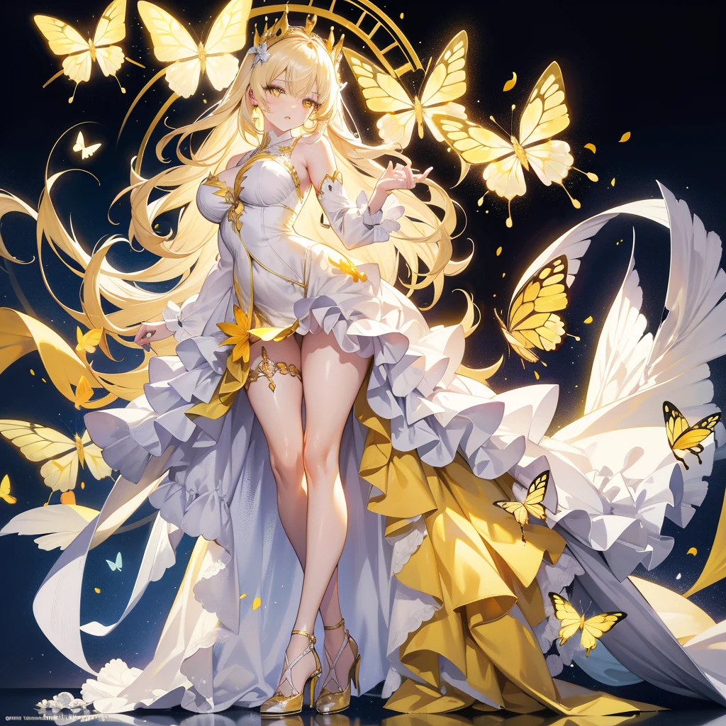 light Hair，yellow Butterfly，yellow eyes，Longest white blonde hair，sex bigger ，sex thighs，glass high heels，sex White princess Dress，8k wallpaper，Detailed background，Maximum resolution，Deep V Bi，Chis，yellow Rose background，Tight，full-body shot