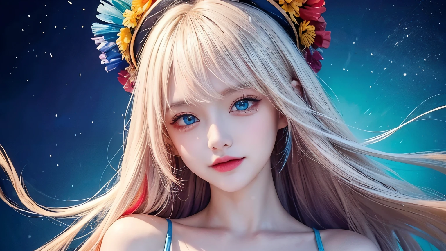 （rich and colorful Fashion T-Shirts：1.9），（blond：1.8），（All the colors of the rainbow：1.8），（（（（（vertical：1.6））），（：1.6），front，comics，illustration，，big eyes，Crystal clear，（Golden slopeLong hair，extra Long hair：1.7），rich and colorful hats，Exquisite makeup，Large Breasts，Smiling face，（Small fresh：1.5），（Pipe top：1.6），Long eyelashes，rich and colorful off-shoulder T-shirt，Looking at the audience，Big watery eyes，（blond hair：1.6），Color Splash，（Solitary：1.8），Color Splash，Color Explosion，Heavy paintwind style，Messy lines，（（shining）） ，（rich and colorful），（rich and colorful），（rich and colorful），rich and colorful，Heavy paintwind style，（splash）（Color Splash），vertical，Upper Body，paintsplash，acrylic paint，slope，paint，Highest image quality，best quality，masterpiece，Solitary，Depth of Field，Face painting，Colorful clothes，（grace：1.2），Gorgeous，Long hair，wind，（grace：1.3），（petal：1.4），（（（masterpiece））），（（（））），（（Ultra Detailed）），（illustration），（Dynamic Angle） ,((float)),(paint),((Messy hair)),(Solitary),(1 Girl),(((Detailed anima face))),(((Beautiful and delicate face)),tie,Bare shoulders,bionde,((bionde)),((bionde)),Beautiful and delicate eyes,(Blue eyes),(((Blue eyes))),(((rich and colorful background))),(((High Saturation) )),(((Surrounded by colorful splash))),(((rich and colorful background))),(((High Saturation))),(((Surrounded by colorful splash))),(((rich and colorful background))),(((High Saturation))),(((Surrounded by colorful splash))),