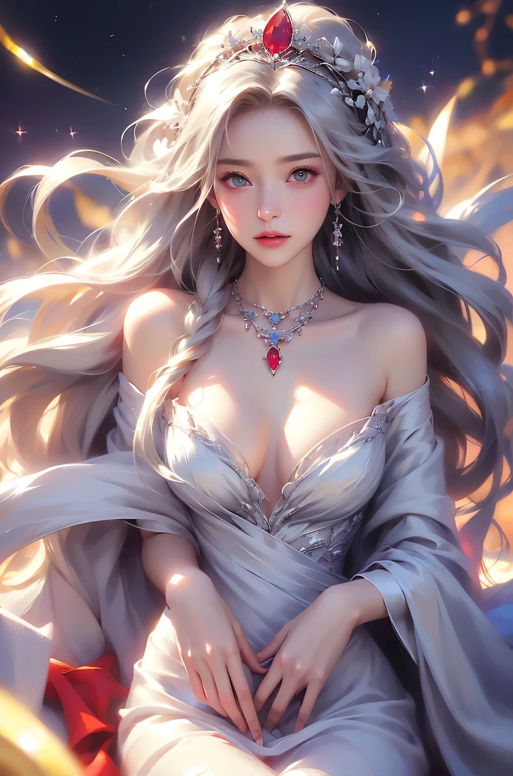 (masterpiece:1.5, Highest quality, Very detailed、 Dutch Angle、Semi-realistic、Fantasy)(One Girl, alone)(White and beautiful hair:1.6,,Straight Long Hair)(White based dress、Fantasy Costume)、((Off the shoulder、Mid-chest、ruby necklace))(Beautiful cleavage、Legs wrapped in tights)(Beautiful starry sky、Mystical Night、Particles of light float around the woman、Fantasy space) Waiting to start
