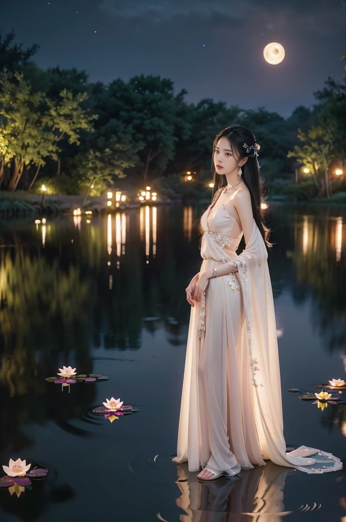 (((best quality))),(((ultra detailed))),(((masterpiece))),illustration,((1 beautiful young  girl,solo)),((slim,thin)),(shoulder length straight hair:1.2),((earrings,necklace)),((small breasts,flat chest)),(see through traditional pink sheer Hanfu dress:1.3),((slender legs,thighs,loafers)),(beside the lotus pond full of lotus flowers:1.3), serene moonlight, ethereal,floral pattern, water movement, billowing fabric, tranquil, moon reflection, petals, fireflies, magical, light,warm light, dreams, invitation, (standing:1.3),(arms behind back:1.3),gazing, reflection, inner thoughts, emotional, sweet scent, natural beauty, solitude, hypnotic lull, eternal summer,(night scene:1.3), natural world, human spirit, celebration, backdrop, water, glow,((from front,full body))