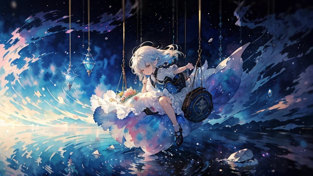 (watercolor style, Spectral Art) + majestoso rio com Overlooking para o panorama + Fantasy Bag (Overlooking) + (Flowing + Subtle reflection) + (mix + sneeze) + (Clear light and shadow + Dynamic Swing)
