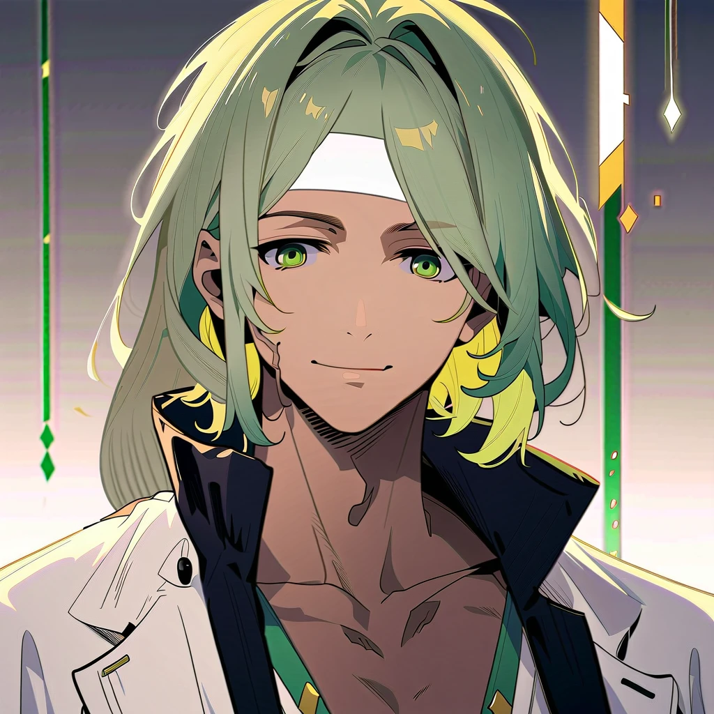 ((masterpiece)), ((Anime-style image of a man with yellow-green hair)), (30 year old beauty), ((A man with droopy eyes and a kind personality)), (Beautiful eyes with yellow-green details), (Semi-long hair), (White bowl roll), ((Brown Skin)), male Anime characters, A gentle and calm anime guy, Anime characters, (Doctor in the Desert), detailed Anime characters art, ((Ultra-high resolution))