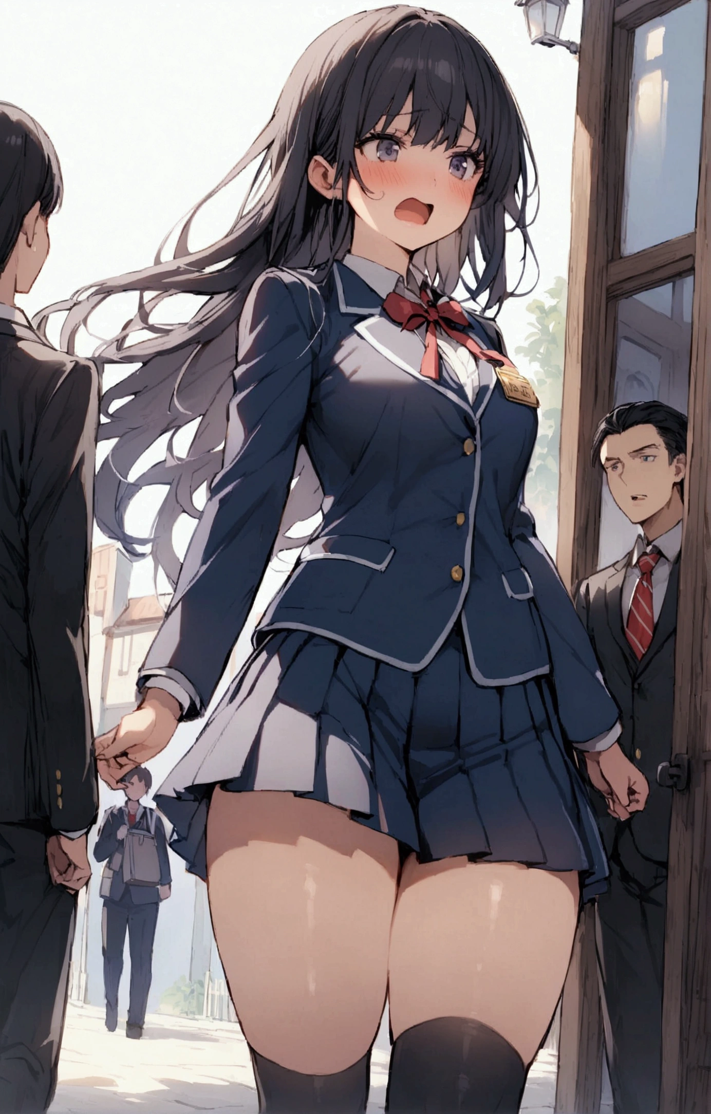 One Woman、beautiful girl、after school、evening、high school girl、School Nameplate、Blazer uniform、Pleated skirt、Black knee-high socks、Long Hair、In front of the school gate、Highest quality,  Thick thighs、Big 、Black Hair、Pounding face、A crowd going home from school、In front of the school gateで待つ仕草、A handsome man walks in from the back.