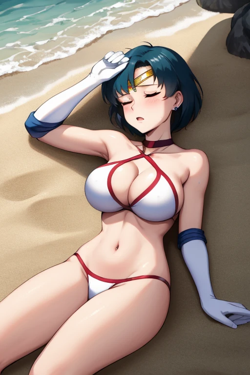 masterpiece, best quality, beautiful art, high resolution, well formed hands, body and fingers, 1 woman, solo, Sailor Mercury, sailor collar, elbow gloves, earrings, blue makeup, sailor senshi uniform, full body picture, grown up, adult, large and rounded breasted, cleavage, hair ornament, wearing a Tyris Flare outfit , white_bikini, full body, sexy and skimpy bikini, gorgeous hips, legs and thighs bouncing breasts,ryona,in peril, she is defeated, knocked out, passed out, closed eyes, exhausted, unconscious, laying down on the sand, extended exposed body, full body on the sand, breathing heavily, sexy smirk on her face, bouncing breasts, sexy defeated pose, defeat and KO scene, fallen beauty, martial arts tournament with beach environment