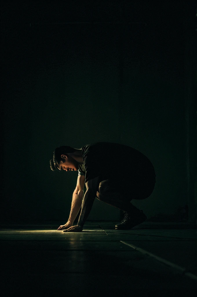 man with his head down in a dark environment