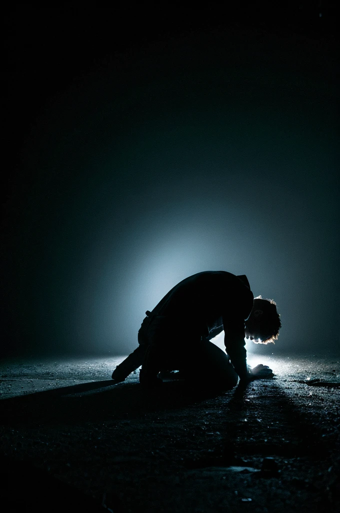 man with his head down in a dark environment